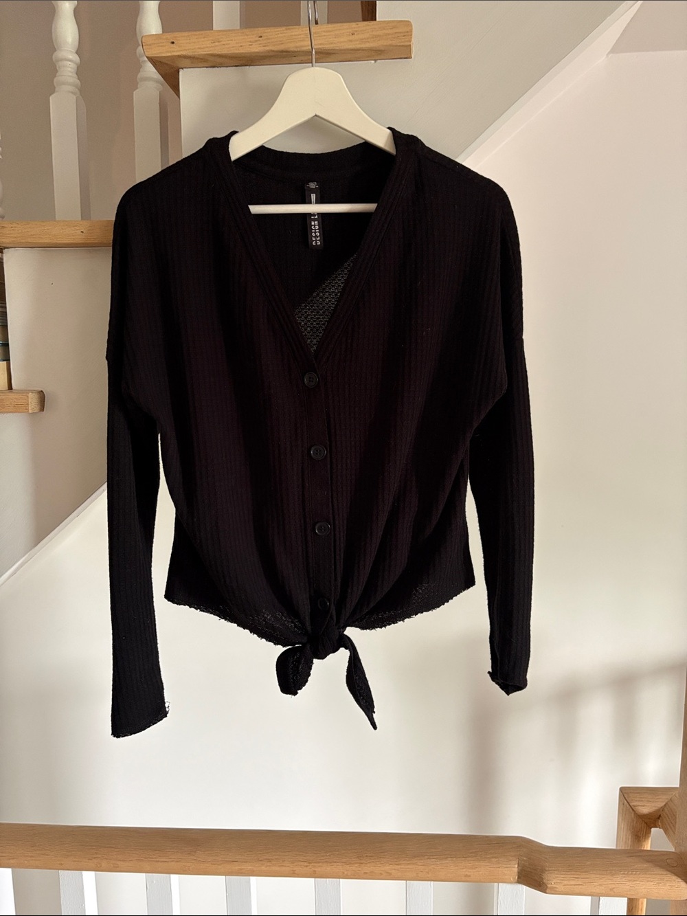 Design Lab Lord & Taylor Black Button-Front Tie-Hem Long Sleeve Top